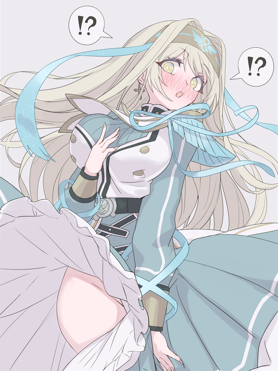 1girl, arm_between_breasts, between_breasts, blonde_hair, blush, breasts, duel_monster, exosister_gibrine, exosister_irene, green_eyes, hairband, highres, large_breasts, long_hair, long_sleeves, memento_vivi, open_mouth, ribbon, skirt, skirt_flip, solo, very_long_hair, yu-gi-oh!