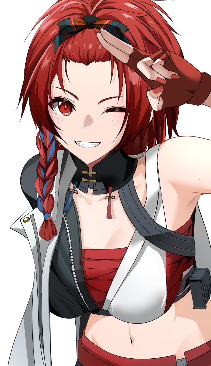 1girl, arm_up, armpits, bangs_pinned_back, belt, belt_pouch, black_belt, blue_hair