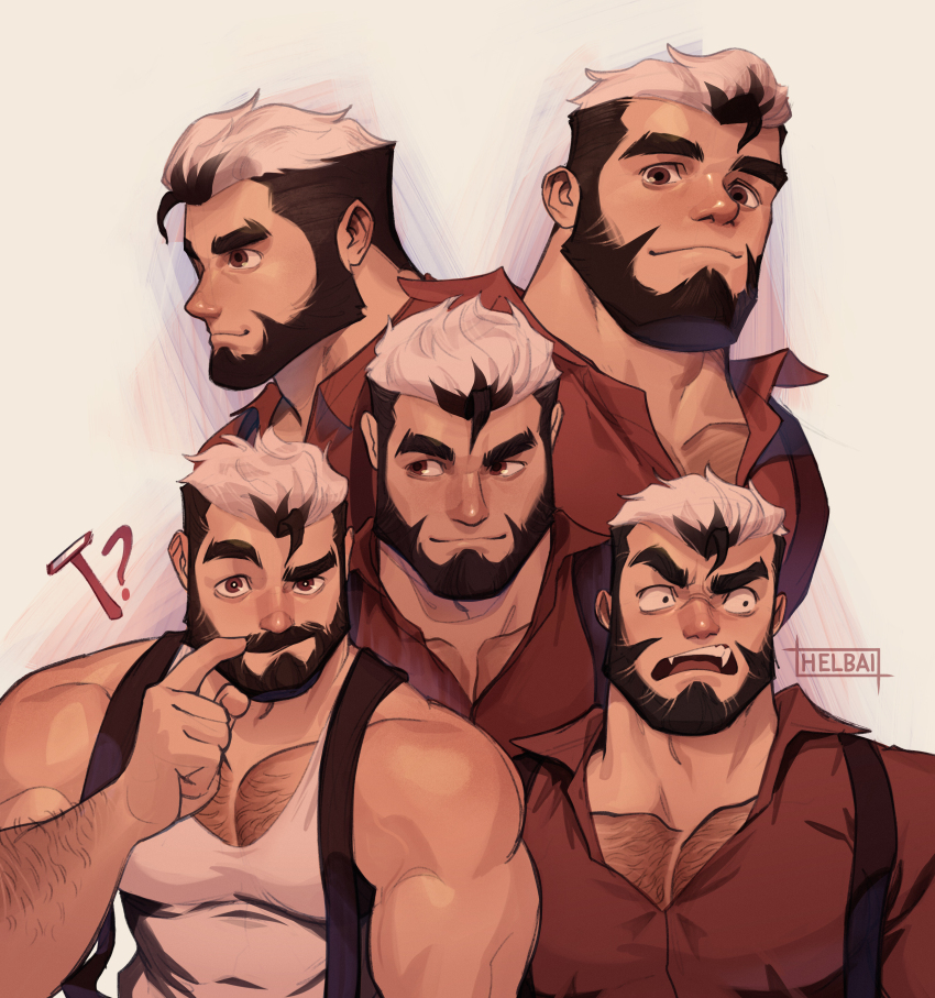 1boy, ?, absurdres, adam's_apple, alternate_facial_hair, bara, beard, brown_hair