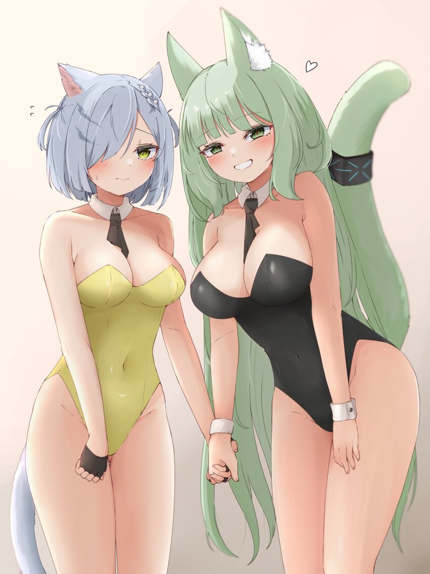 2girls, :d, animal_ear_fluff, animal_ears, arknights, ascot, black_ascot, black_gloves, black_leotard, blunt_ends, blush, breasts, bright_pupils, brown_background, cleavage, closed_mouth, commentary_request, covered_navel, cowboy_shot, delphine_(arknights), detached_collar, embarrassed, fingerless_gloves, fingernails, flying_sweatdrops, gloves, green_eyes, green_hair, green_tail, grey_hair, grey_tail, grin, groin, hair_over_one_eye, half_gloves, harmonie_(arknights), heart, highleg, highleg_leotard, highres, holding_hands, infection_monitor_(arknights), large_breasts, leotard, long_hair, looking_at_viewer, medium_breasts, multiple_girls, one_eye_covered, open_mouth, procaine_(nemurenai), red_pupils, short_hair, slit_pupils, smile, standing, strapless, strapless_leotard, sweatdrop, tail, tail_raised, very_long_hair, white_pupils, wrist_cuffs, yellow_eyes, yellow_leotard
