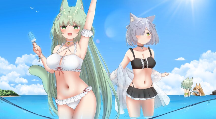 >_<, 4girls, :d, absurdres, animal_ear_fluff, animal_ears, arknights, armpits