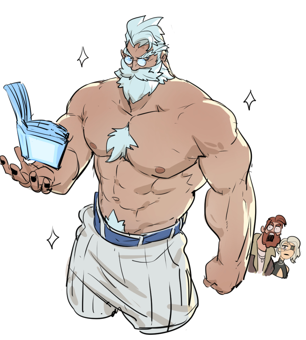1girl, 2boys, bara, beard, beard_over_mouth, black_nails, book, character_request, chest_hair, chest_tuft, chibi, chibi_inset, cropped_legs, dislyte, facial_hair, full_beard, grimoire, large_pectorals, long_beard, male_focus, mature_male, multiple_boys, muscular, muscular_male, nipples, old, old_man, pants, pectorals, pritzker_(mimir)_(dislyte), round_eyewear, solo_focus, sparkle, sparkling_aura, standing, surprised, thick_beard, thick_eyebrows, thick_navel_hair, topless_male, unfinished, white_hair, wkokbu