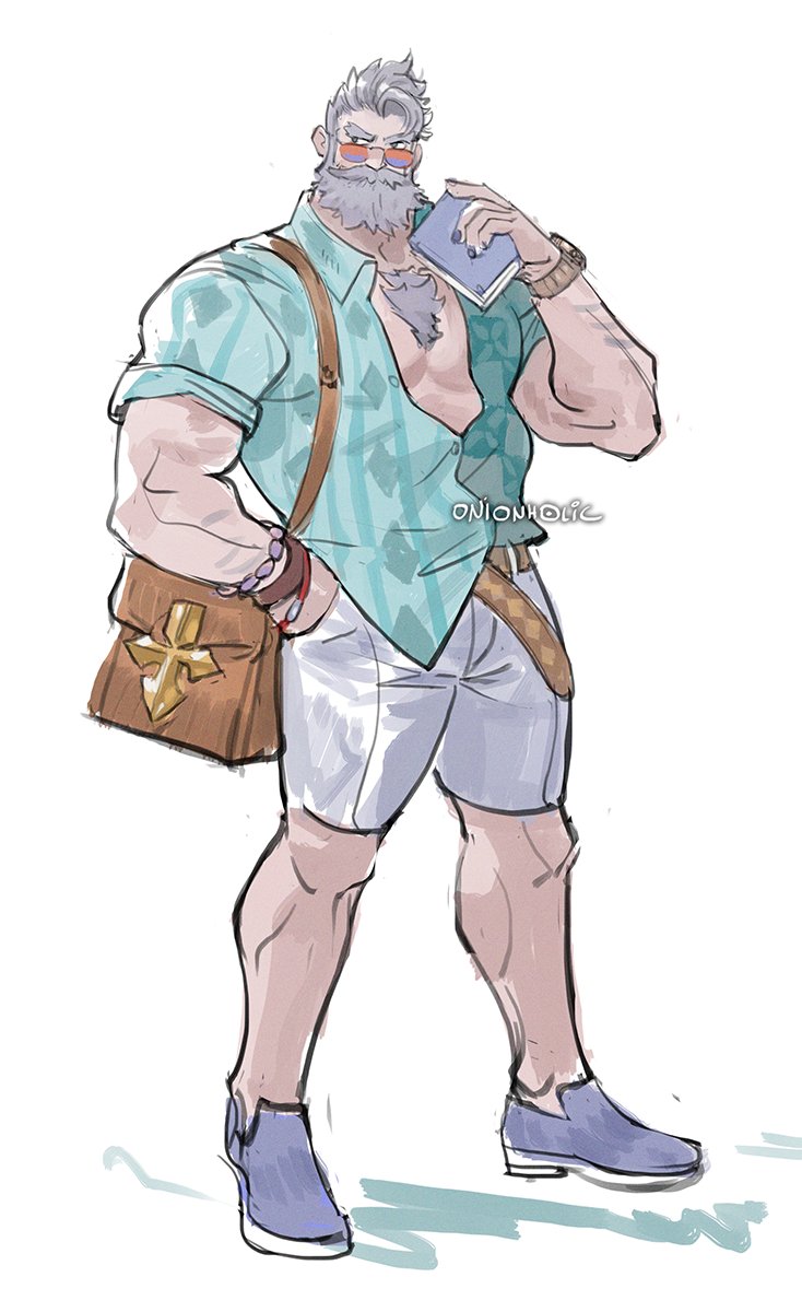 1boy, bag, bara, beard, book, chest_hair, chest_tuft, dislyte