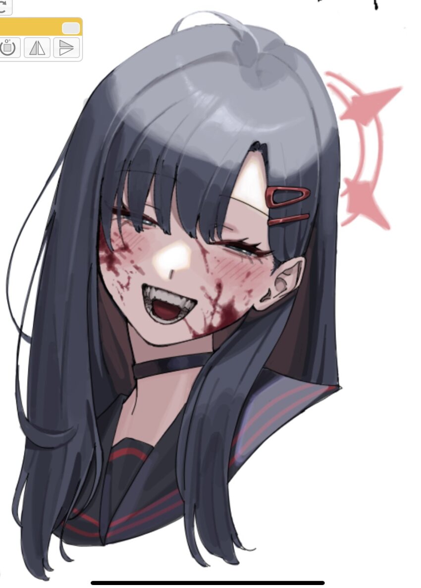 1girl, black_hair, blood, blood_on_face, blood_splatter, blue_archive, choker, hair_ornament