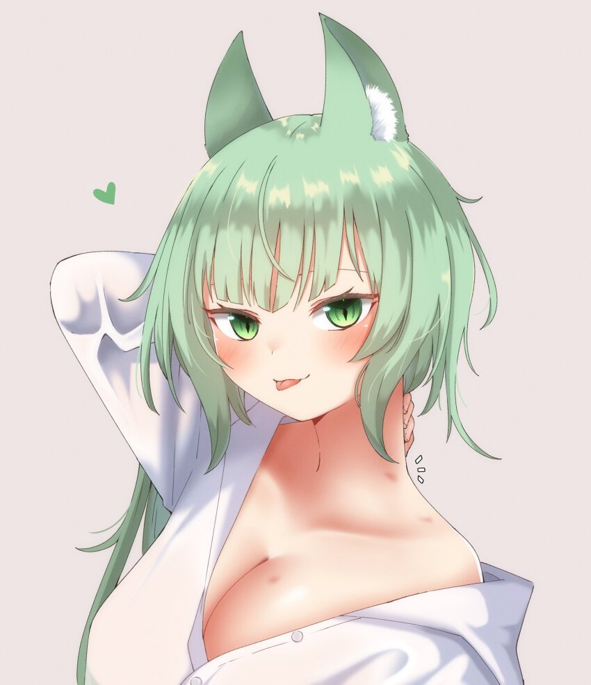 1girl, :p, animal_ear_fluff, animal_ears, arknights, arm_up, bare_shoulders, blush