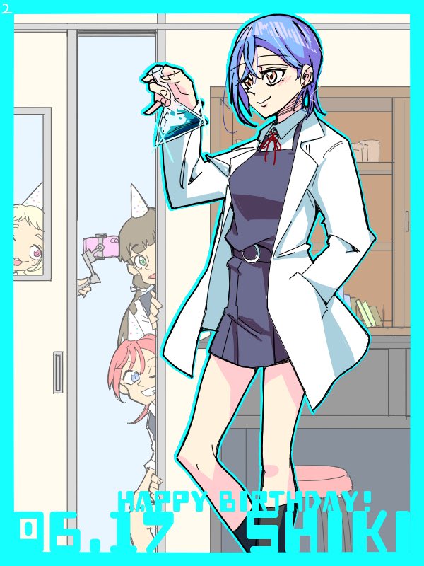 4girls, blonde_hair, blue_border, blue_eyes, blue_hair, blue_outline, border, brown_hair