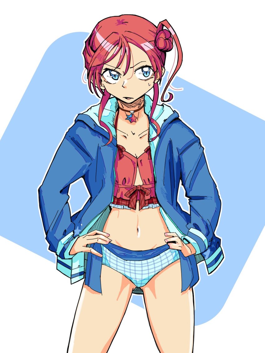 1girl, bikini, black_choker, blue_bikini, blue_eyes, blue_jacket, breasts, choker, collarbone, commentary_request, groin, hair_bun, hands_on_own_hips, highres, hood, hood_down, hooded_jacket, jacket, love_live!, love_live!_superstar!!, midriff, mondashi0223, navel, open_clothes, open_jacket, parted_lips, raised_eyebrow, red_bikini, red_hair, single_side_bun, small_breasts, solo, standing, star_(symbol), star_choker, sweatdrop, swimsuit, upper_body, yoneme_mei