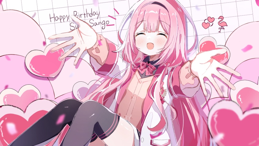 1girl, ^_^, armband, balloon, black_hairband, black_shirt, black_thighhighs, blush