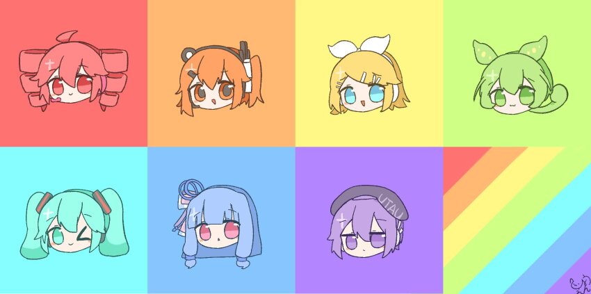 >_o, 6+girls, a.i._voice, adachi_rei, ahoge, aqua_eyes, aqua_hair, beret