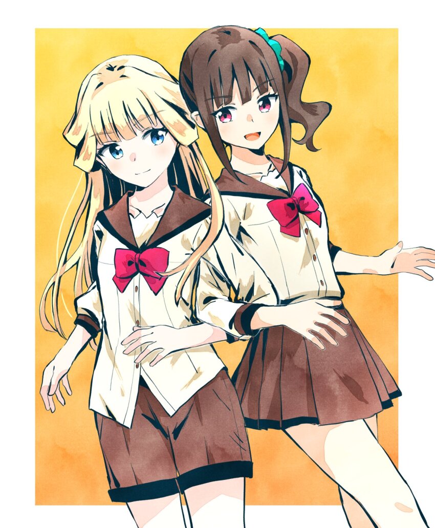 2girls, aqua_scrunchie, blonde_hair, blue_eyes, bow, brown_hair, brown_sailor_collar, brown_shirt
