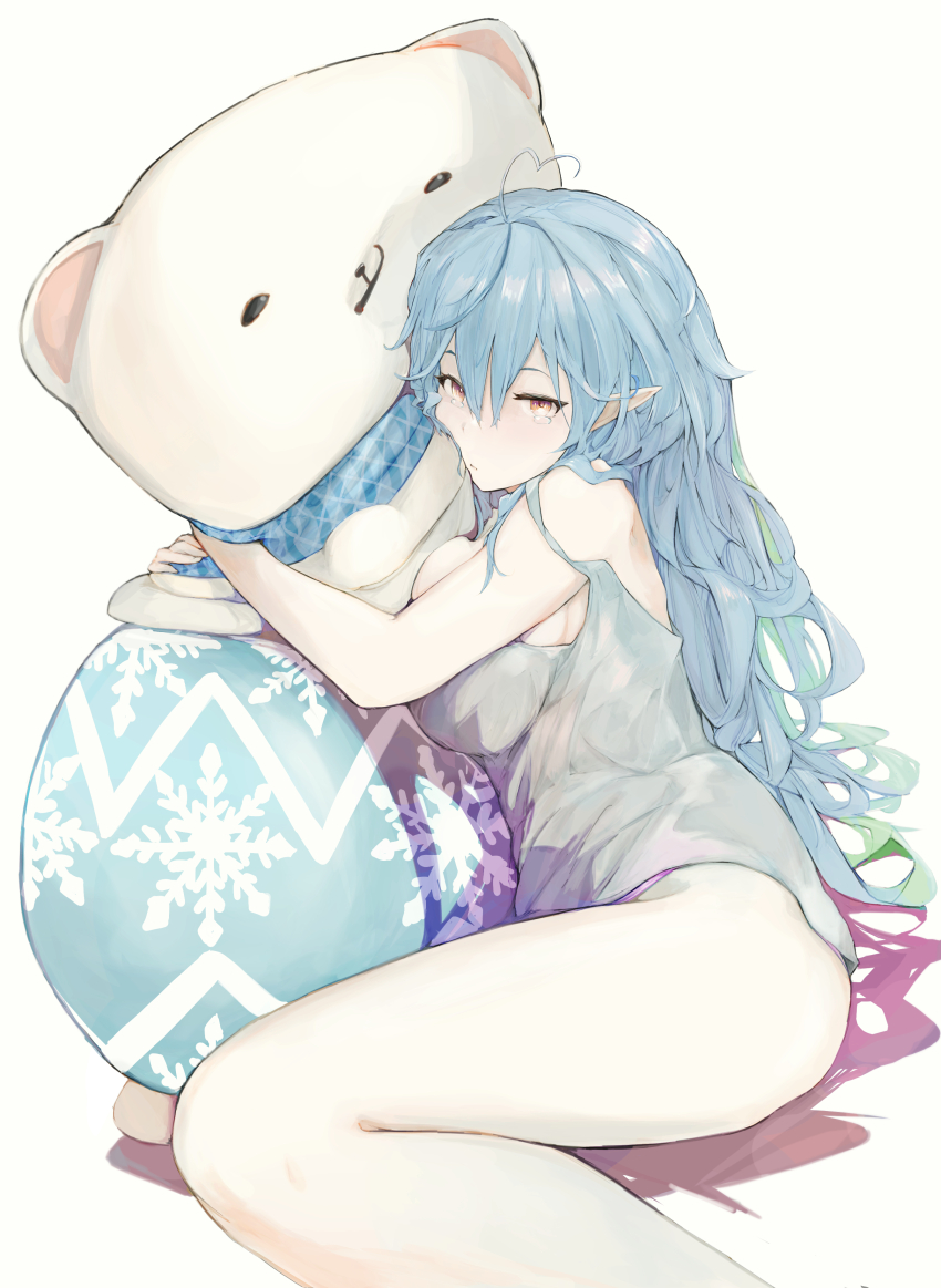 1girl, absurdres, ahoge, alternate_costume, blue_hair, breasts, closed_mouth, commentary_request