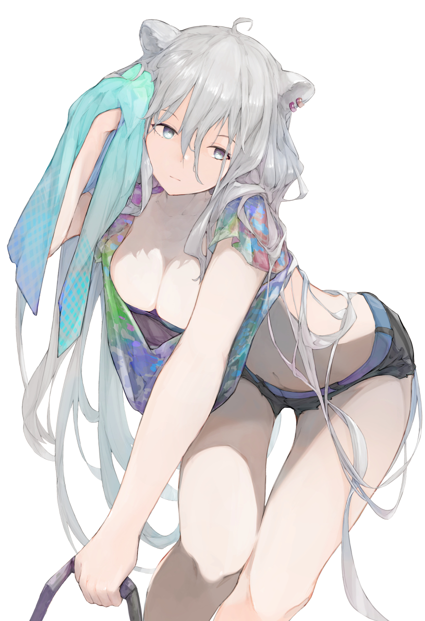 1girl, absurdres, ahoge, alternate_costume, animal_ear_piercing, animal_ears, black_shorts, breasts