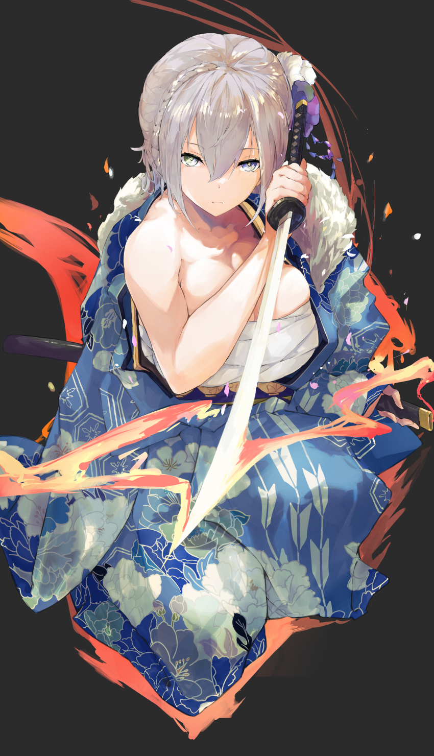 1girl, absurdres, alternate_costume, black_background, blue_haori, breasts, chest_sarashi, closed_mouth
