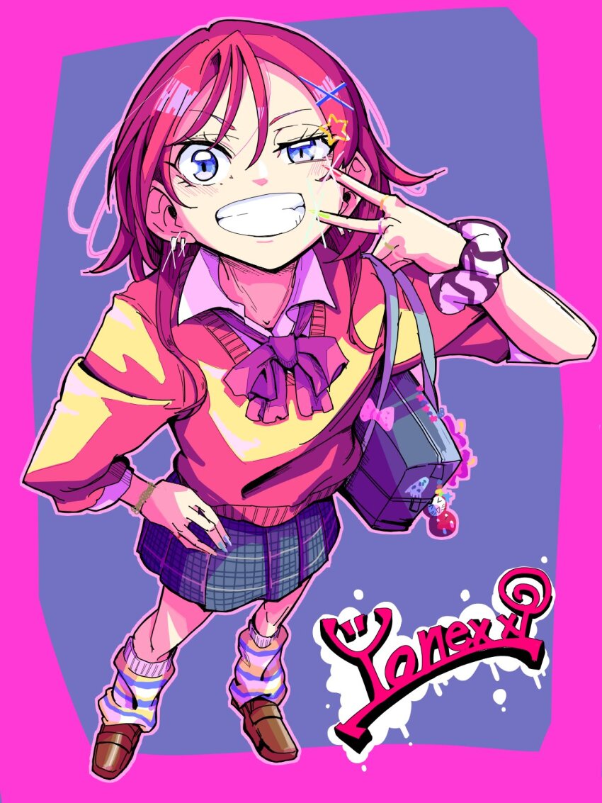 1girl, bag, loose_socks, blue_background, blue_bag, blue_eyes, blue_skirt, blush