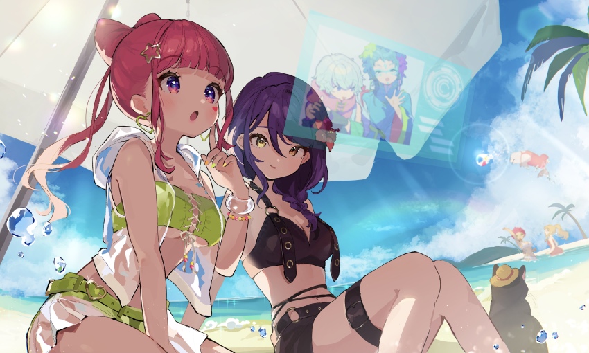 1boy, 1other, 5girls, absurdres, alternate_costume, alternate_hairstyle, ball, beach