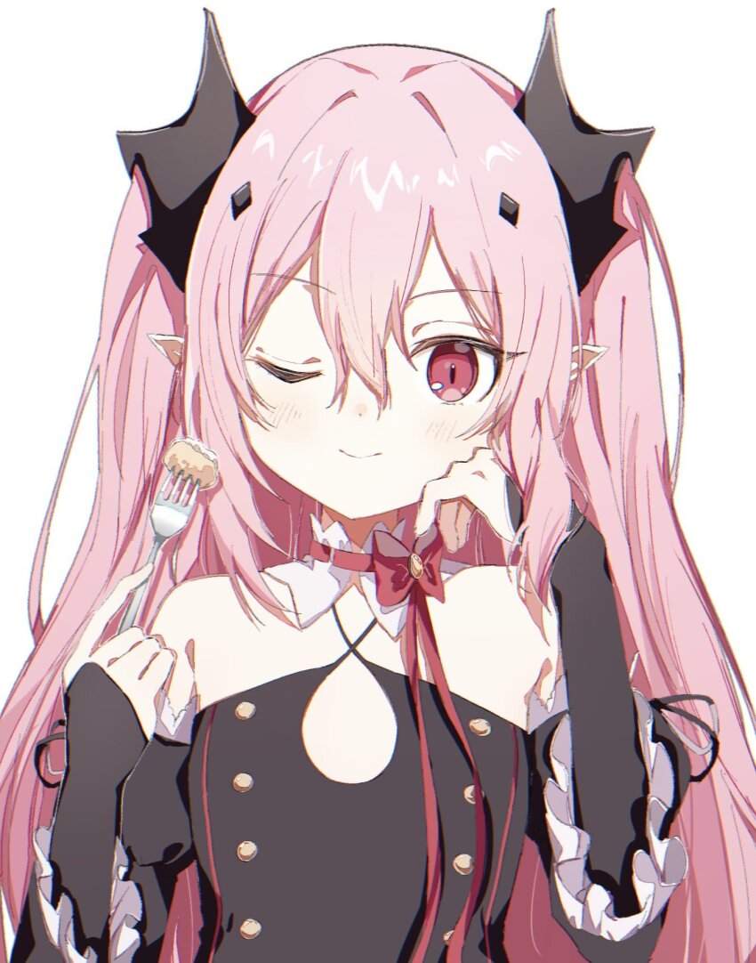 1girl, ;), bare_shoulders, black_dress, black_sleeves, blush, closed_mouth, criss-cross_halter, detached_sleeves, dress, food, fork, hair_between_eyes, hair_ornament, halter_dress, halterneck, hand_on_own_face, hands_up, highres, holding, holding_fork, krul_tepes, long_hair, long_sleeves, looking_at_viewer, one_eye_closed, owari_no_seraph, pink_hair, pointy_ears, red_eyes, ribbon, simple_background, smile, solo, tobun_sub, two_side_up, upper_body, white_background