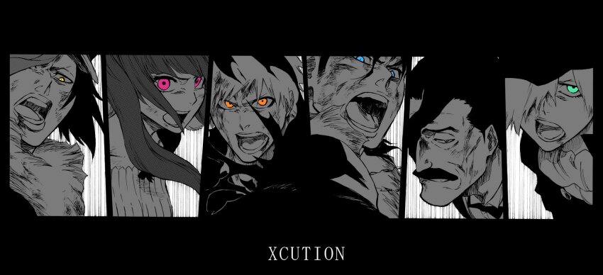 2girls, 4boys, aura, battle, black_border, black_hair, bleach, blue_eyes