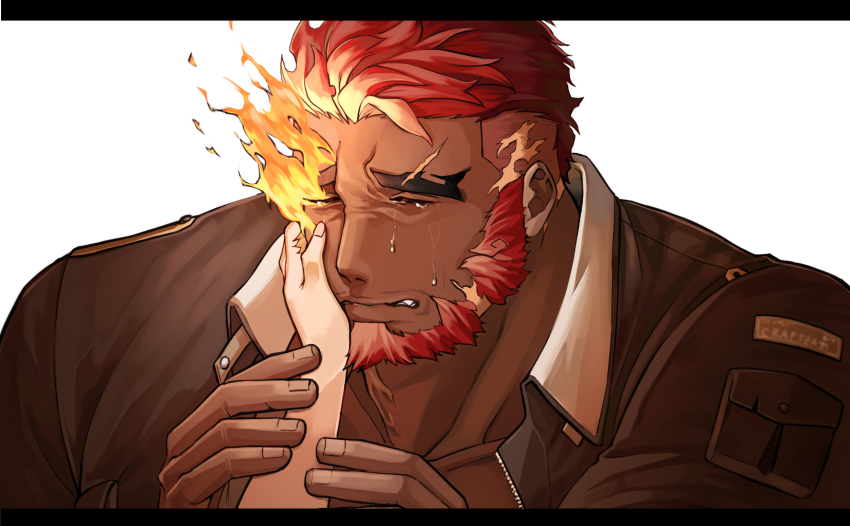 1boy, bara, beard, comforting, crying, dark-skinned_male, dark_skin, eyebrow_cut
