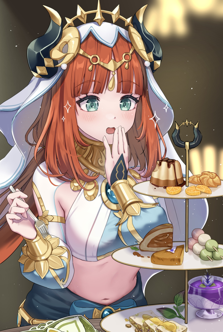 1girl, absurdres, armpit_cutout, blurry, blurry_background, brooch, candied_ajilenakh_nut_(genshin_impact), circlet, clothing_cutout, commentary_request, conch_madelaine_(genshin_impact), crop_top, dango, fake_horns, food, fork, genshin_impact, gold_circlet, halvamazd_(genshin_impact), hand_on_own_cheek, hand_on_own_face, hands_up, headdress, highres, holding, holding_fork, horns, jewelry, leaf, light_blush, long_hair, midriff, moon_pie_(genshin_impact), murabito_b, navel, nilou_(genshin_impact), open_mouth, padisarah_pudding, parted_bangs, partial_commentary, pate_de_fruit_(genshin_impact), pudding, puffy_sleeves, red_hair, sanshoku_dango, solo, star_(symbol), tiered_tray, upper_body, veil, very_long_hair, wagashi, white_veil