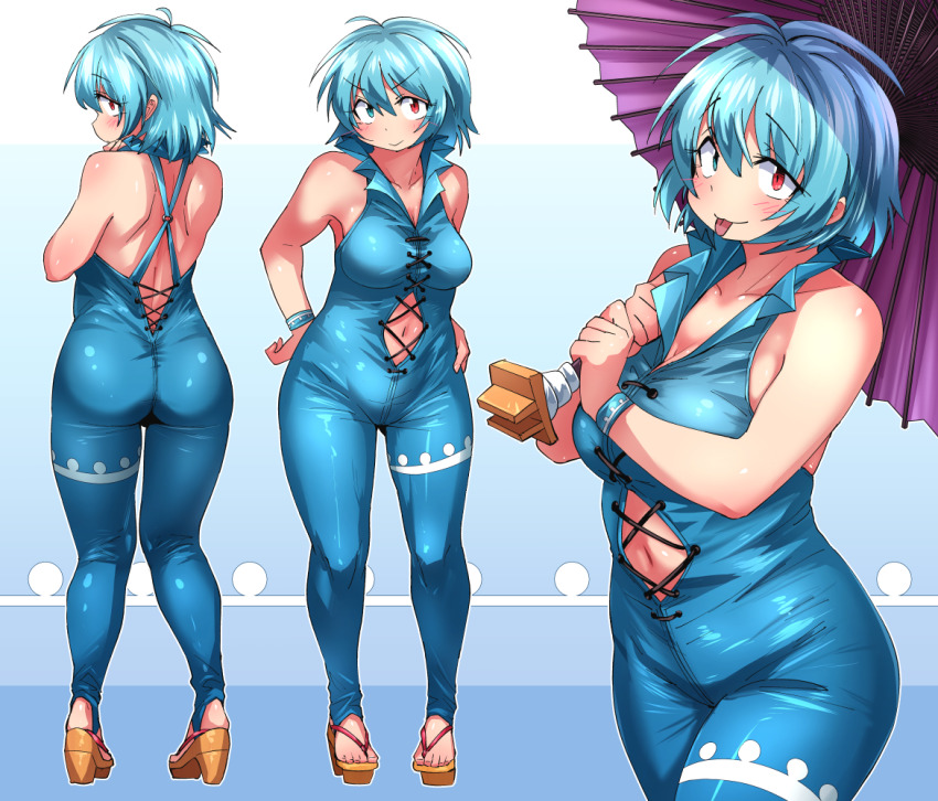1girl, ass, back, blue_bodysuit, blue_eyes, blue_hair, blush, bodysuit, breasts, brown_footwear, cleavage, closed_mouth, clothing_cutout, commentary_request, cowboy_shot, cross-laced_bodysuit, full_body, hair_between_eyes, heterochromia, high_heels, holding, holding_umbrella, large_breasts, looking_at_viewer, looking_back, multiple_views, navel, navel_cutout, purple_umbrella, red_eyes, shimizu_pem, short_hair, sleeveless, sleeveless_bodysuit, smile, tatara_kogasa, tongue, tongue_out, touhou, umbrella, v-shaped_eyebrows