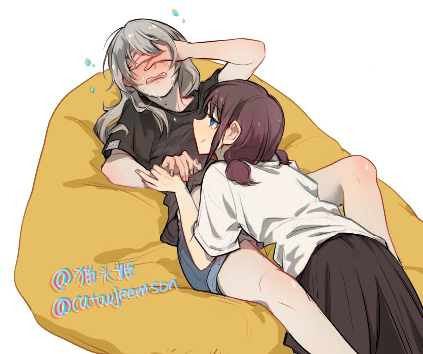 2girls, between_legs, black_shirt, blue_eyes, blue_shorts, blush, brown_skirt, catowjeemson