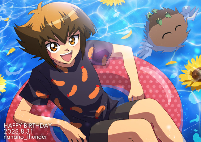 1boy, :d, afloat, alternate_costume, black_shirt, brown_eyes, closed_eyes, dated