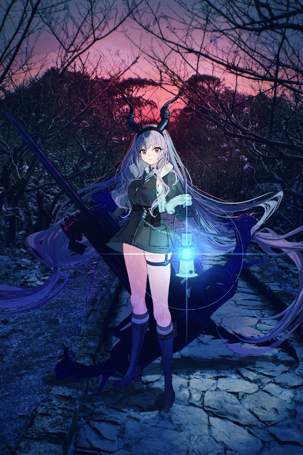 1girl, absurdly_long_hair, arknights, bare_tree, black_boots, black_dress, black_gloves, boots