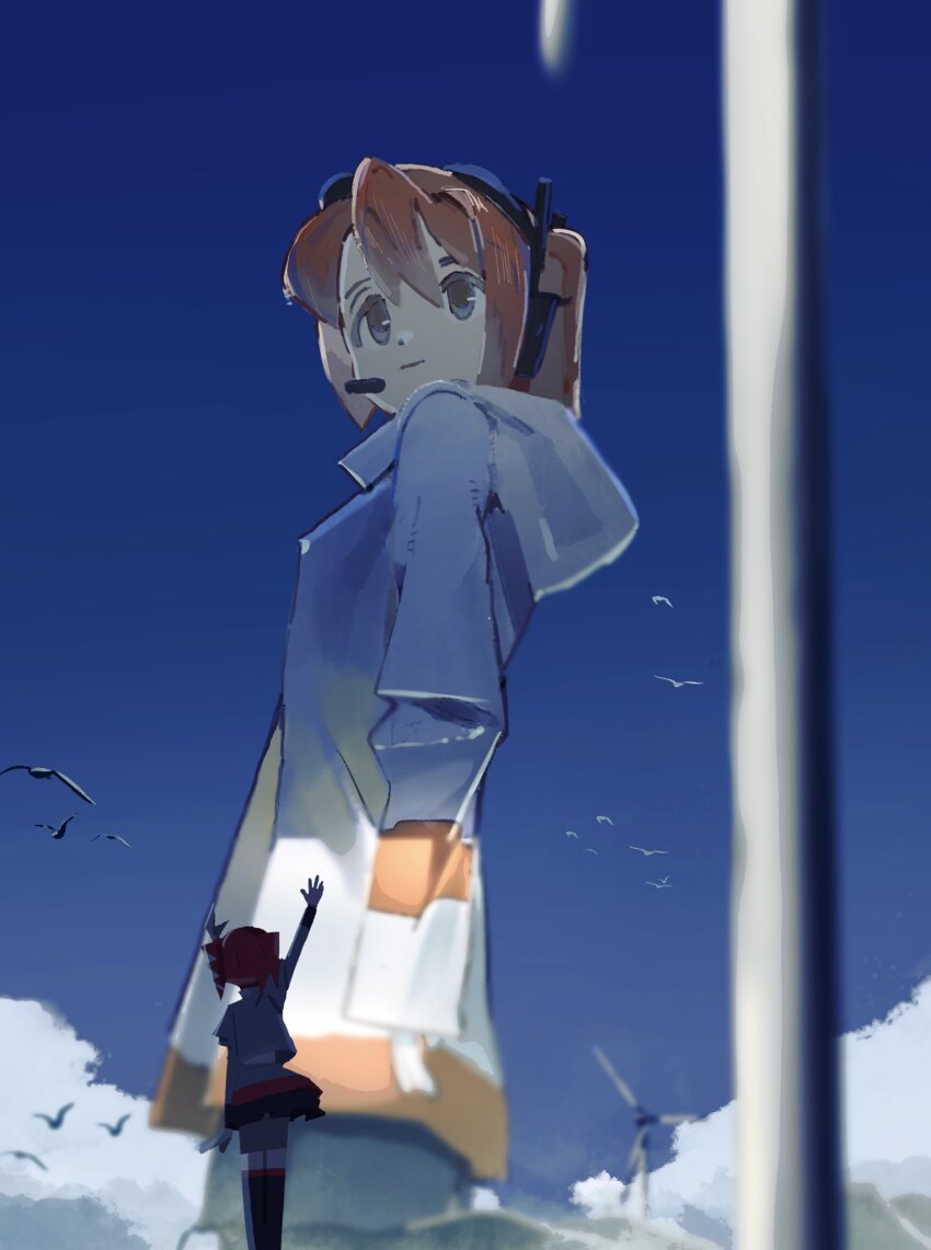 2girls, a.i._voice, adachi_rei, arm_up, bird, blue_sky, cloud, day