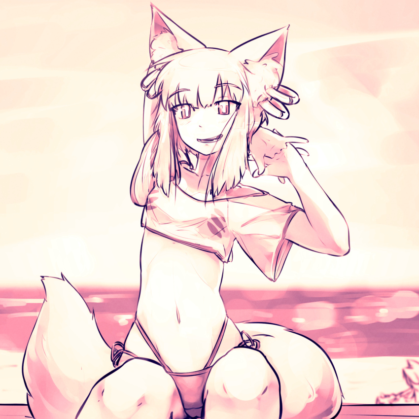 2girls, animal_ear_fluff, animal_ear_piercing, animal_ears, arm_up, arms_behind_head, beach, bikini