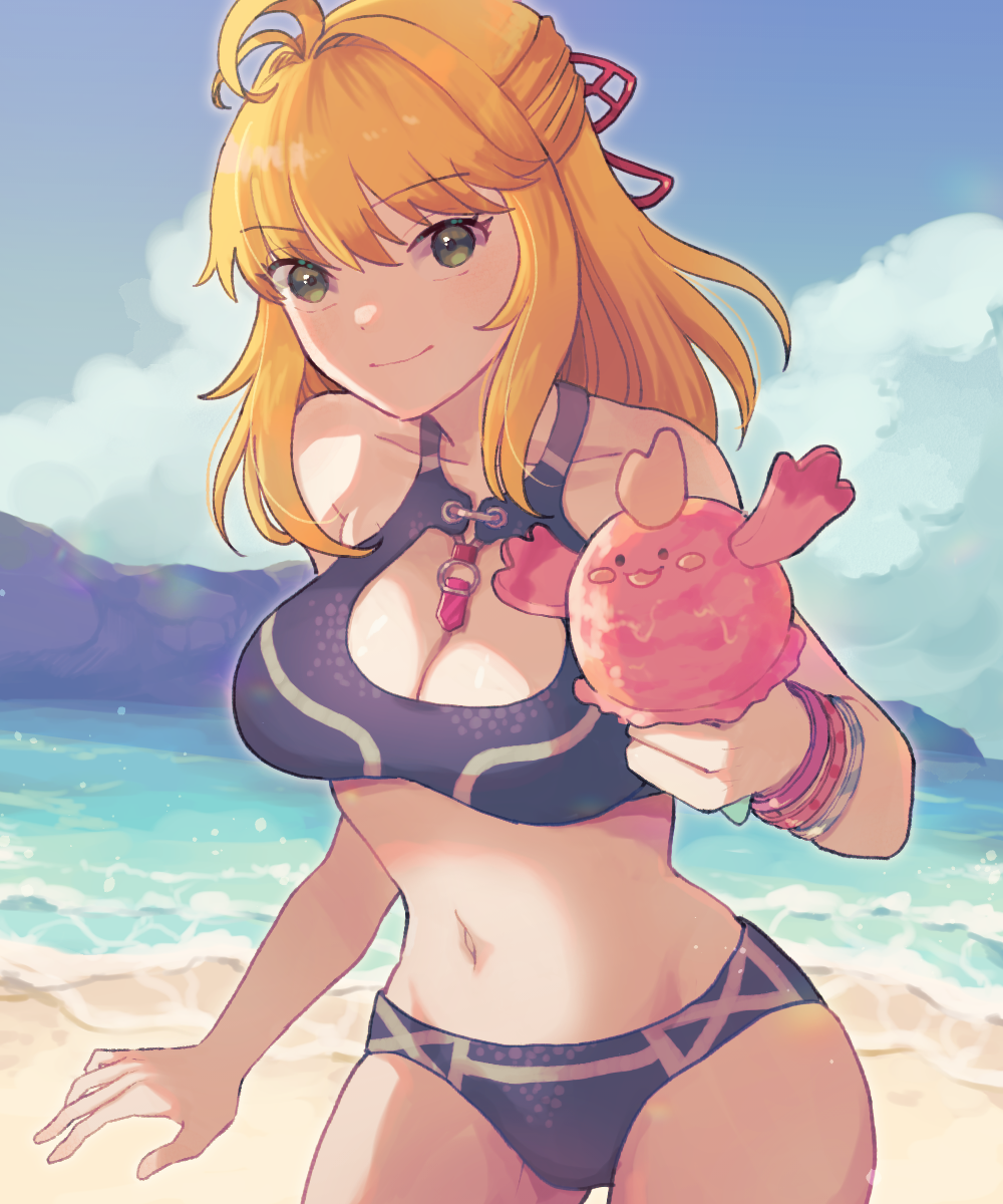 1girl, antenna_hair, bare_shoulders, beach, bikini, blue_sky, breasts, chomo_(engawaparty)