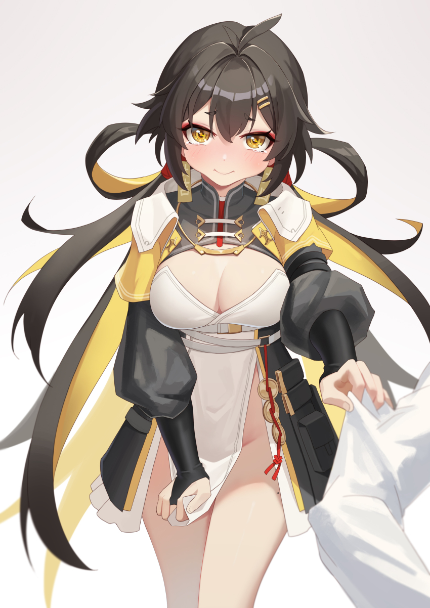 1girl, 1other, a_san_san, absurdres, aether_gazer, black_hair, blonde_hair, blush