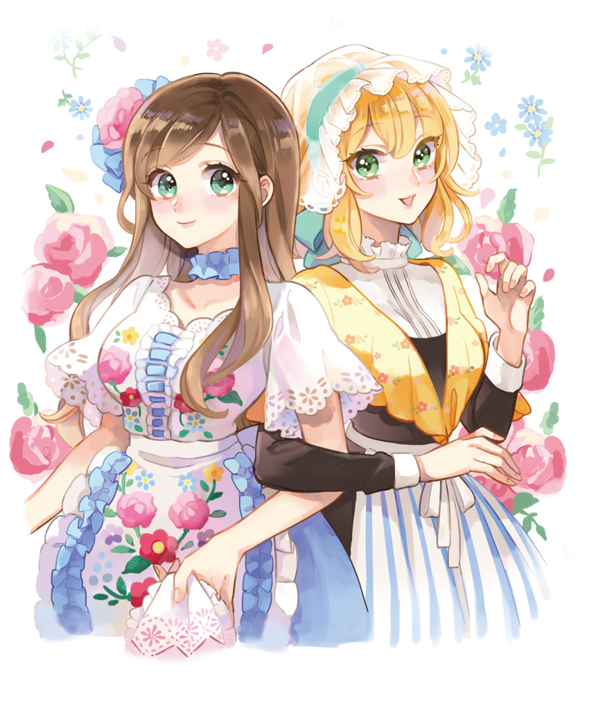 2girls, apron, axis_powers_hetalia, belgium_(hetalia), blonde_hair, blue_choker, bonnet, brown_hair, choker, collar, floral_background, floral_print, green_eyes, hair_ribbon, hand_up, handkerchief, highres, holding_another's_arm, hungary_(hetalia), imoimo83mi, lace_trim, long_hair, looking_at_viewer, multiple_girls, puffy_short_sleeves, puffy_sleeves, ribbon, short_hair, short_sleeves, smile, striped_apron, striped_clothes