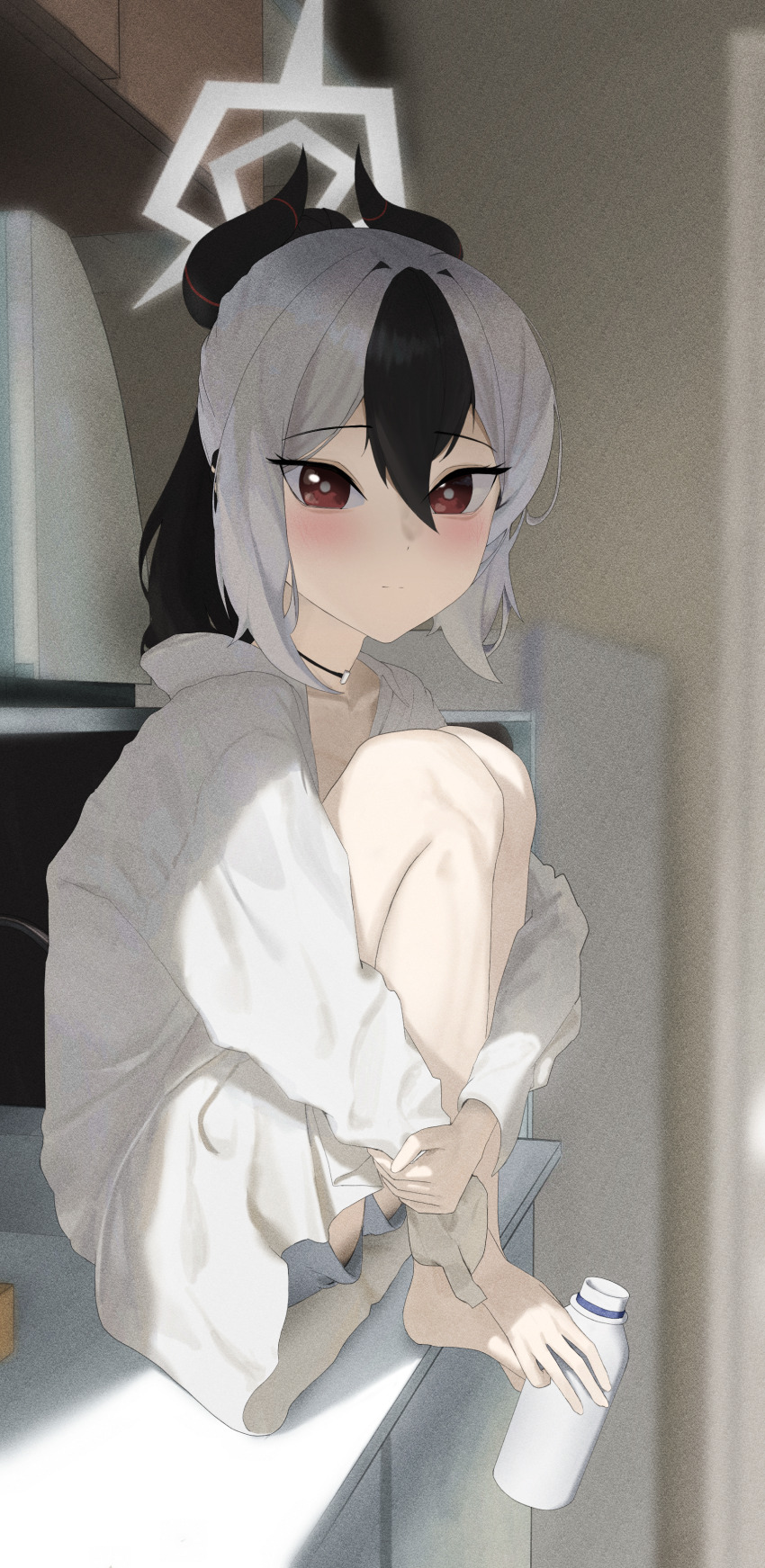 1girl, :|, absurdres, black_choker, black_hair, blue_archive, blue_swim_trunks, blurry