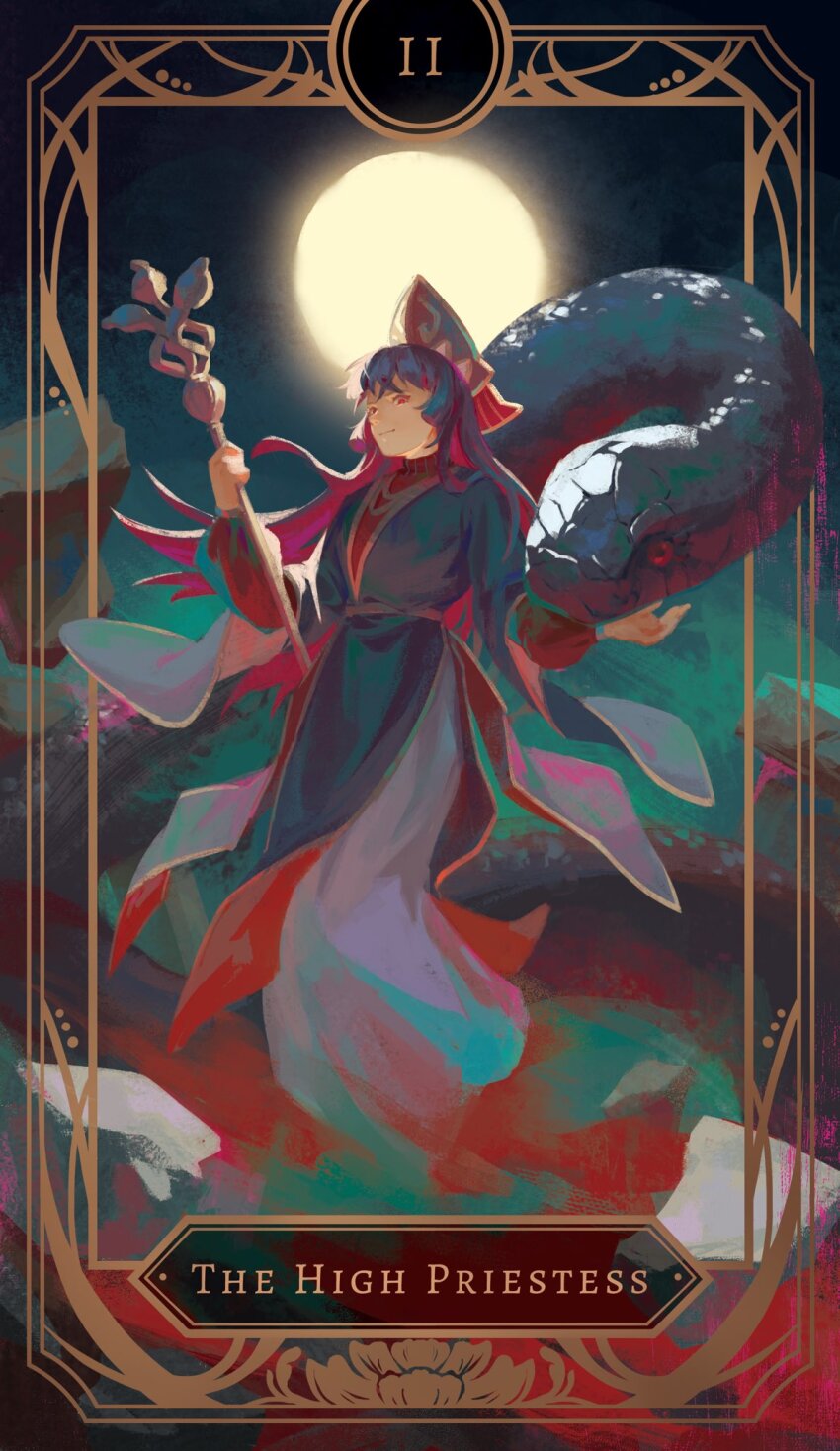 1girl, animal, banyue, black_hair, black_hanfu, card_(medium), chapter_56, chinese_clothes