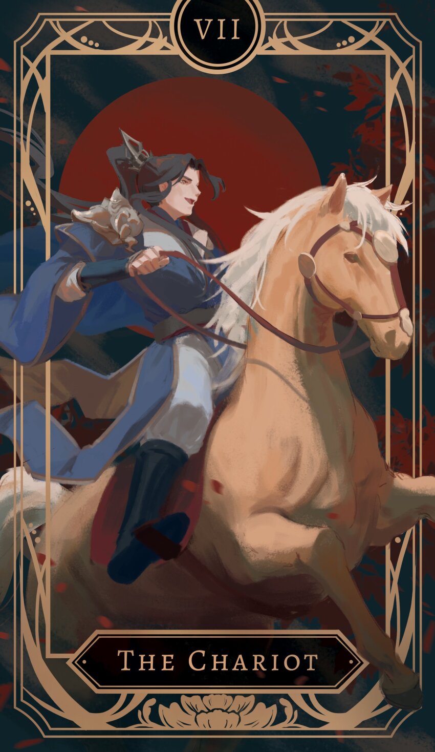 1boy, absurdres, armor, black_boots, black_hair, blue_hanfu, boots, bridle