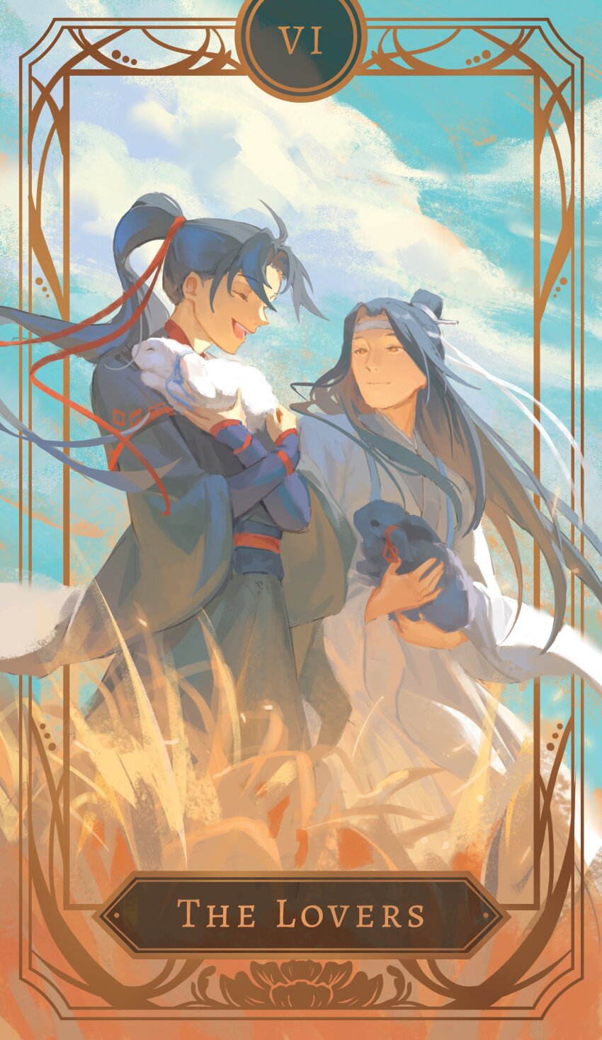 2boys, absurdres, ahoge, animal, black_hair, black_hanfu, black_rabbit_(animal), blue_sky, card_(medium), chapter_56, chinese_clothes, closed_mouth, cloud, commentary, english_commentary, hair_bun, hair_ribbon, hanfu, headband, highres, holding, holding_animal, holding_rabbit, lan_wangji, long_hair, long_sleeves, looking_at_viewer, modao_zushi, multiple_boys, open_mouth, rabbit, red_ribbon, ribbon, ribboned_xiao_guan, sash, single_hair_bun, sky, smile, tarot, tarot_(medium), the_lovers_(tarot), wei_wuxian, white_hanfu, white_headband, white_rabbit_(animal), wide_sleeves, wind, wind_lift, xiao_guan_(headdress), yaoi, yellow_eyes