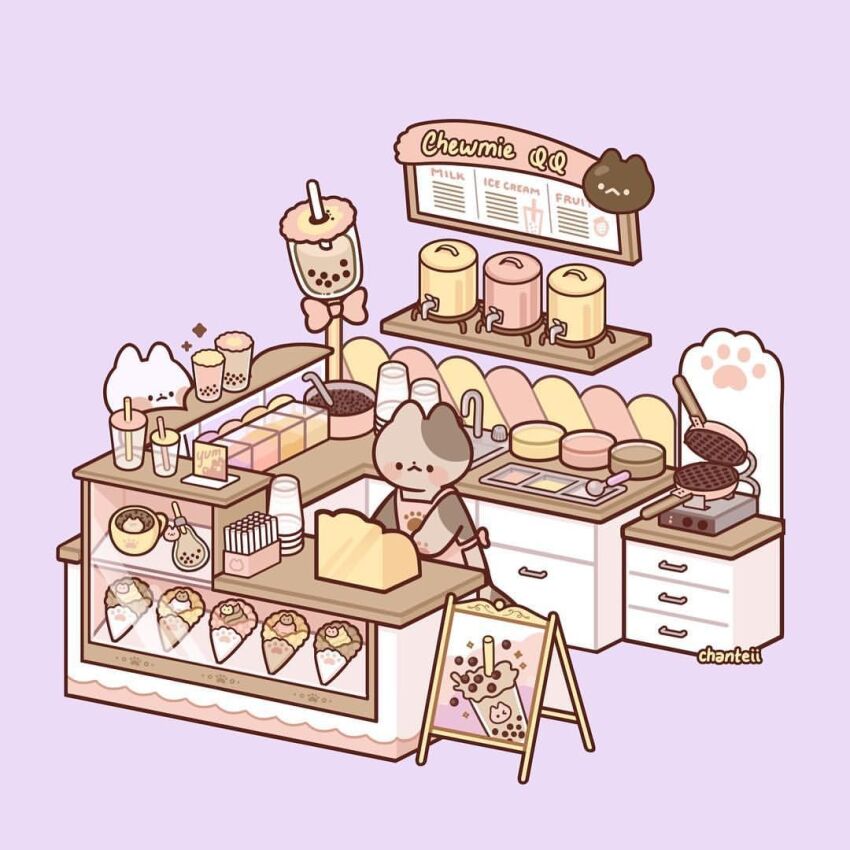 :<, animal_focus, apron, artist_name, back_bow, bad_id, bad_instagram_id, black_eyes, blush_stickers, bow, bubble_tea, cash_register, cat, closed_mouth, crepe, cup, disposable_cup, drinking_straw, fishsideup, food, ice_cream, ice_cream_scoop_(utensil), kitchen, menu, menu_board, no_humans, original, paw_print, paw_print_pattern, pink_apron, pink_bow, purple_background, simple_background, sink, solid_circle_eyes, standing, teacup, waffle_maker