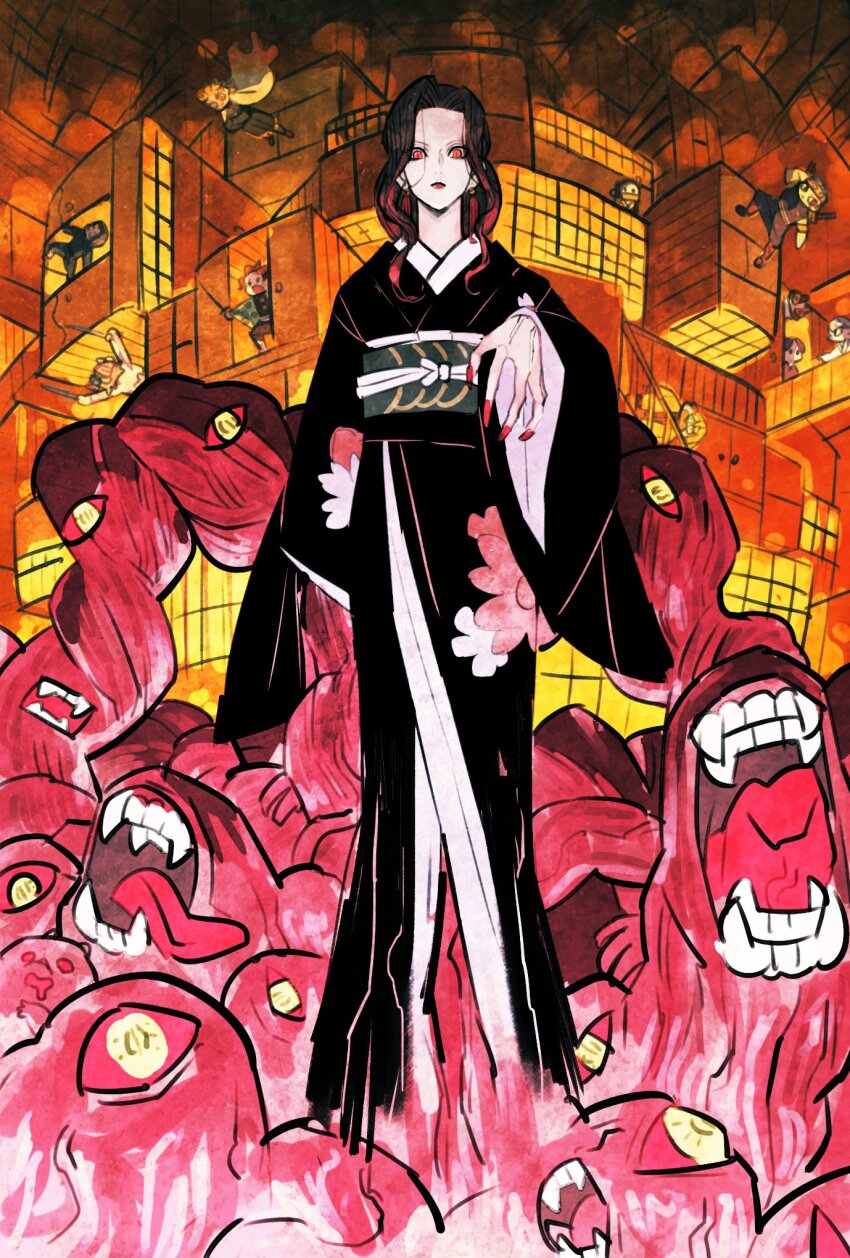 3girls, 6+girls, agatsuma_zenitsu, black_hair, black_kimono, demon_girl, hashibira_inosuke, highres