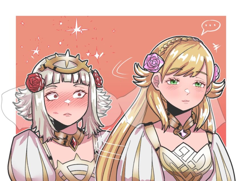 2girls, alternate_costume, blonde_hair, blush, bridal_veil, collar, dress, female_focus, fire_emblem, fire_emblem_heroes, flower, gem, green_eyes, grey_hair, hair_flower, hair_ornament, jewelry, lipstick_mark, long_hair, mnejing30, multiple_girls, nintendo, official_alternate_costume, red_eyes, sharena_(bride)_(fire_emblem), sharena_(fire_emblem), short_hair, simple_background, tiara, veil, veronica_(bride)_(fire_emblem), veronica_(fire_emblem), wedding_dress, yuri