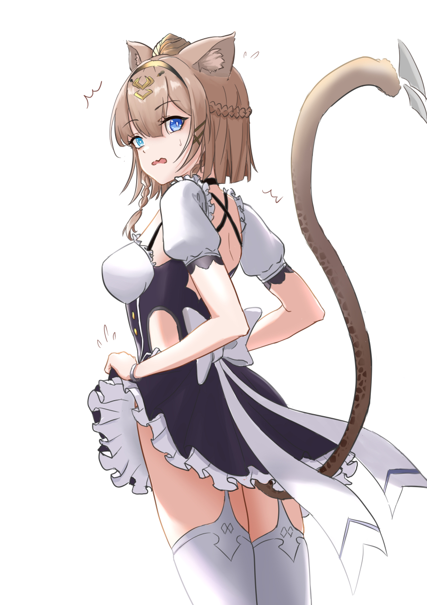 1girl, absurdres, animal_ears, black_dress, blue_eyes, breasts, brown_hair, cat_ears, cat_girl, cat_tail, clothing_cutout, cosplay, dress, dry1115769981, elysia_(honkai_impact), elysia_(miss_pink_elf)_(honkai_impact), elysia_(miss_pink_elf)_(honkai_impact)_(cosplay), from_side, green_eyes, hair_between_eyes, heterochromia, highres, honkai_(series), honkai_impact_3rd, looking_at_viewer, maid, maid_headdress, medium_breasts, pardofelis, short_hair, side_cutout, solo, sweatdrop, tail, thighhighs, white_background, white_thighhighs