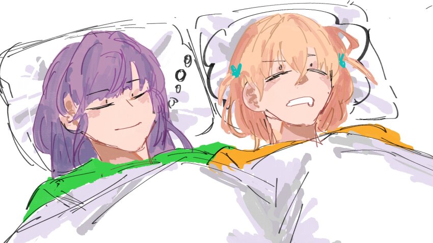 2girls, closed_eyes, closed_mouth, commentary, crossed_bangs, dreaming_pillow_motif_(meme), drooling, english_commentary