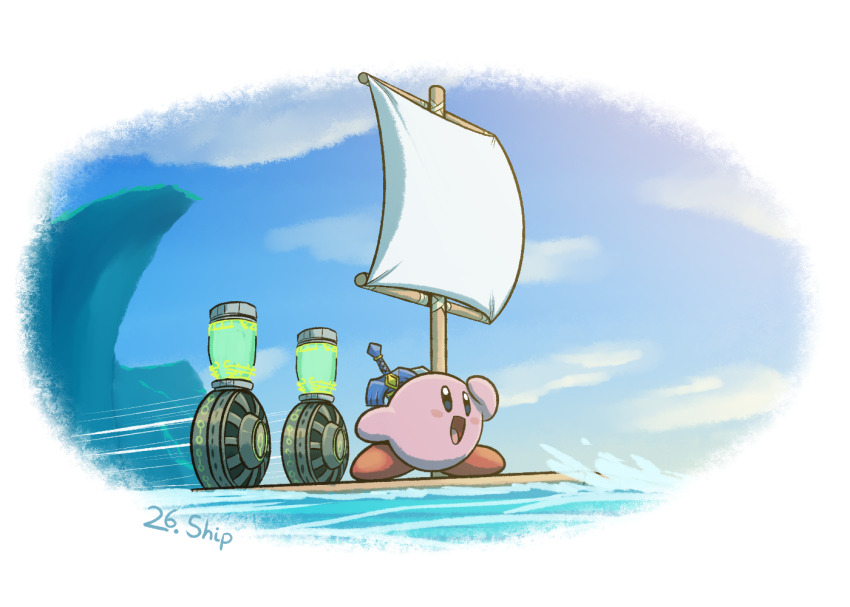 blue_sky, blush_stickers, boat, colored_skin, crossover, fuse_(zelda), gameplay_mechanics, kirby