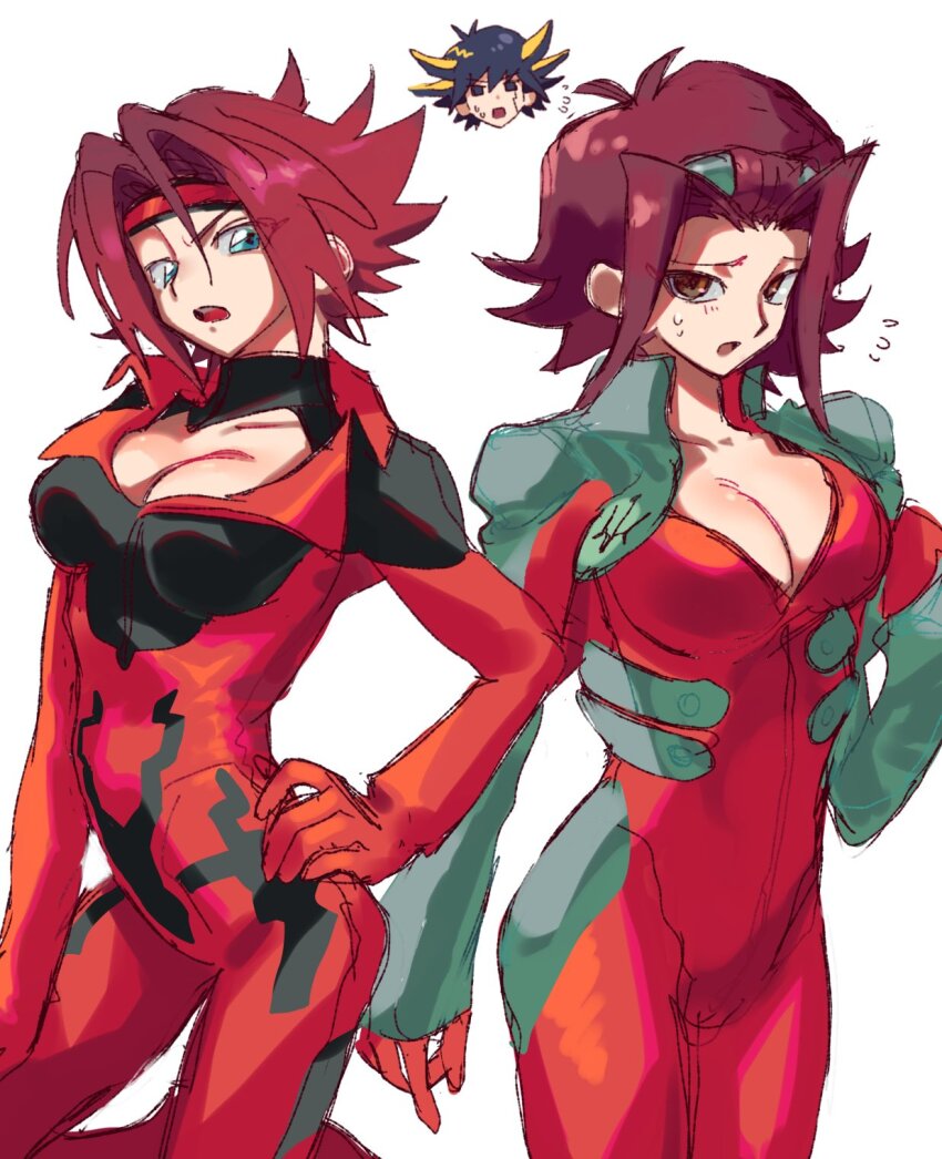 1boy, 2girls, :o, bandana, biker_clothes, bikesuit, blue_eyes, bodysuit, breasts, brown_eyes, choker, cleavage, code_geass, color_connection, cosplay, costume_switch, crossover, elbow_gloves, gloves, hairstyle_connection, highres, izayoi_aki, kouzuki_kallen, large_breasts, look-alike, looking_at_viewer, multiple_girls, pilot_suit, red_bodysuit, red_hair, short_hair, sweat, tawashipurin, wide_hips, yu-gi-oh!, yu-gi-oh!_5d's, yusei_fudo