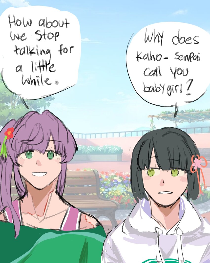 2girls, :d, absurdres, black_hair, blue_sky, blunt_bangs, blunt_ends, commentary, english_commentary, english_text, flower, flower_knot, game_screenshot_background, green_eyes, green_shirt, hair_bun, hair_flower, hair_ornament, highres, hood, hoodie, kepitingtiga, link!_like!_love_live!, long_hair, looking_at_another, love_live!, meme, momose_ginko, momose_ginko_(summer_training_wear), multiple_girls, off-shoulder_shirt, off_shoulder, open_mouth, otomune_kozue, otomune_kozue_(summer_training_wear), purple_hair, purple_tank_top, red_flower, screenshot_background, shirt, short_hair, side_ponytail, sidelocks, single_side_bun, sky, smile, speech_bubble, tank_top, upper_body, virtual_youtuber, white_hoodie, why_does_x_call_you_babygirl?_(meme)