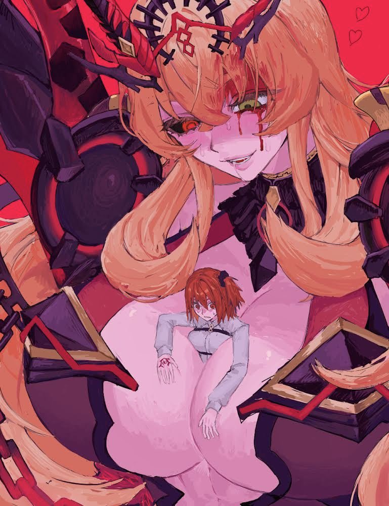 2girls, abs, armor, barghest_(fate), barghest_(third_ascension)_(fate), black_leotard, black_sclera, bleeding, blonde_hair, blood, blush, breasts, center_opening, chain, chaldea_uniform, cleavage, colored_sclera, command_spell, drooling, fate/grand_order, fate_(series), fujimaru_ritsuka_(female), giant, giantess, green_eyes, hair_between_eyes, hair_ornament, hair_scrunchie, heart, heterochromia, horns, huge_breasts, koani11111, leotard, long_hair, medium_breasts, multiple_girls, orange_hair, pauldrons, person_between_breasts, red_eyes, scrunchie, short_hair, shoulder_armor, side_ponytail, size_difference, toned, toned_female, yuri