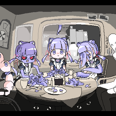 animal_ear_hairband, animal_ears, apron, black_dress, black_sclera, cat_ear_hairband, cat_ears, colored_sclera