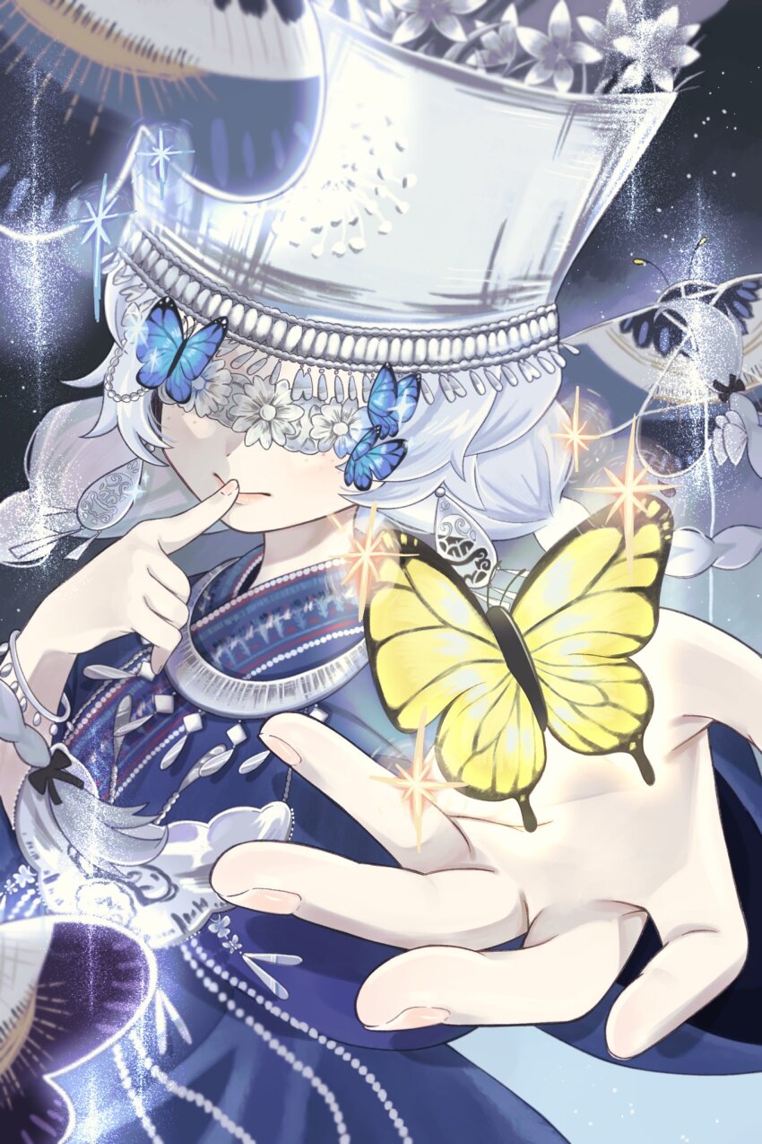 1girl, balloon_party, black_background, blue_butterfly, blue_shirt, blue_skirt, braid, bug