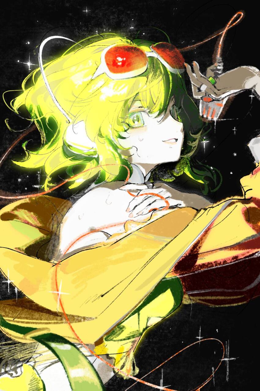 1girl, bare_shoulders, black_background, cable, collar, commentary, cowboy_shot, detached_collar, eyelashes, eyewear_on_head, fingernails, frilled_shirt, frills, green_eyes, green_hair, green_shirt, green_skirt, grey_collar, gumi, hand_on_own_shoulder, hashtag-only_commentary, high_collar, highres, holding, holding_microphone, hood, hood_down, hooded_jacket, jacket, jewelry, la_campanella_(gmfzge), long_sleeves, microphone, midriff, open_clothes, open_jacket, open_mouth, orange_jacket, pink_lips, red-tinted_eyewear, ring, shirt, short_hair, simple_background, skirt, smile, solo, sparkle, sunglasses, sweat, teeth, tinted_eyewear, vocaloid, white-framed_eyewear