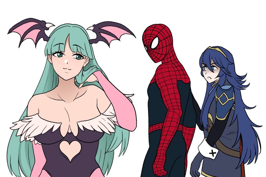 1boy, 2girls, black_leotard, blue_eyes, blue_hair, bodysuit, breasts, crossover