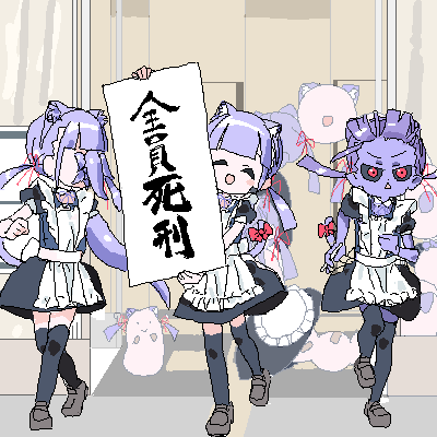 3girls, animal_ear_hairband, animal_ears, apron, black_dress, black_sclera, black_thighhighs, blunt_bangs